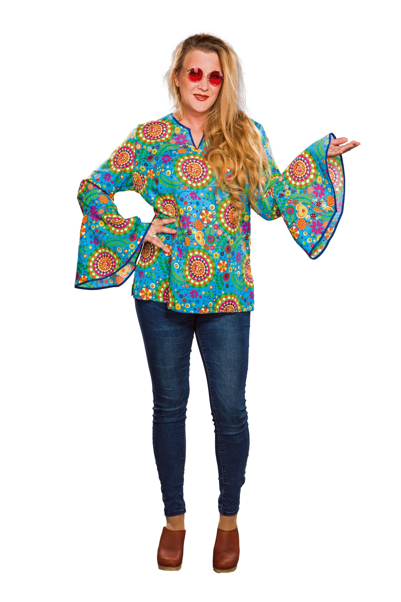 Hippie-Bluse blau, mit bunten Kreisen