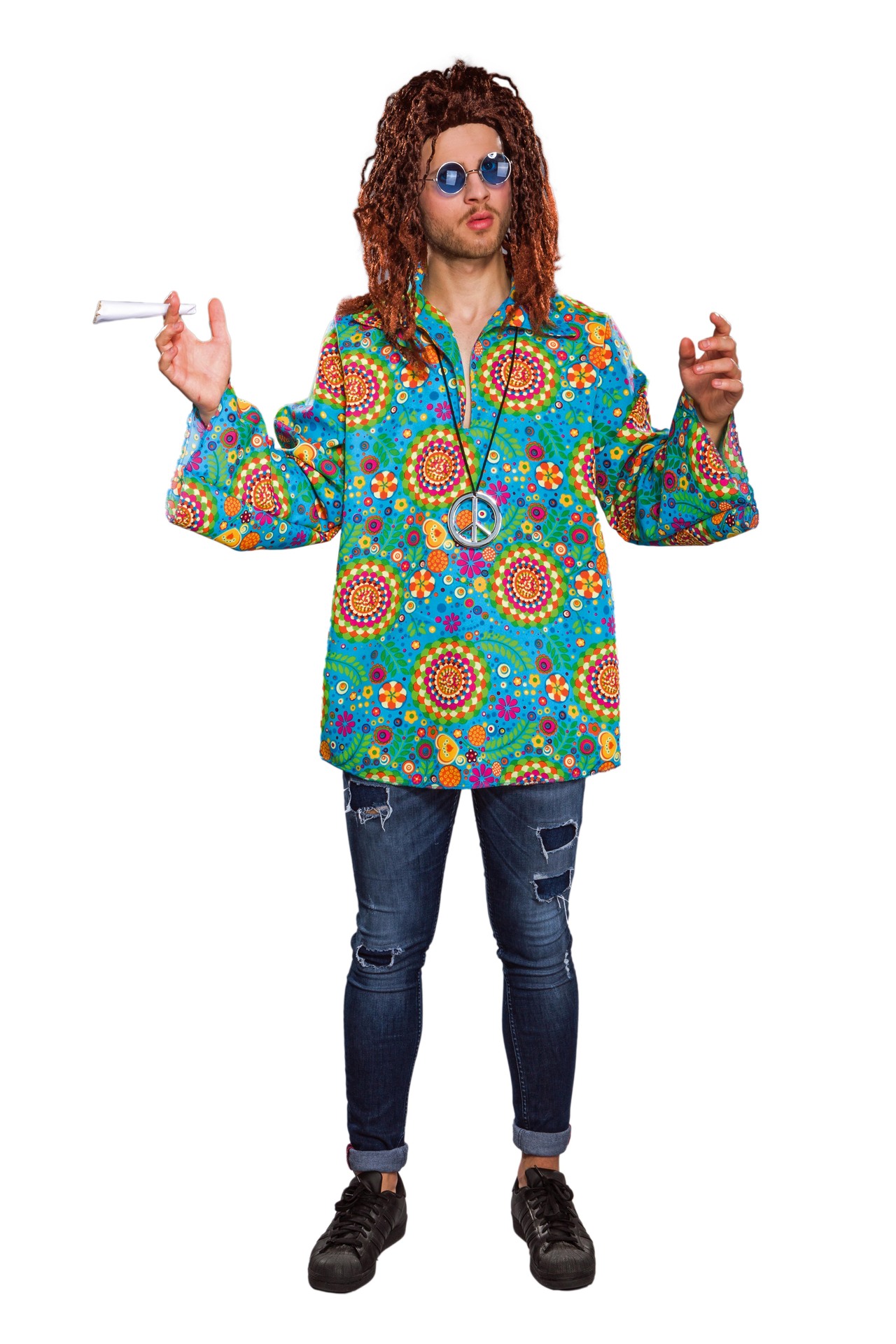 Hippie-Hemd blau, mit bunten Kreisen